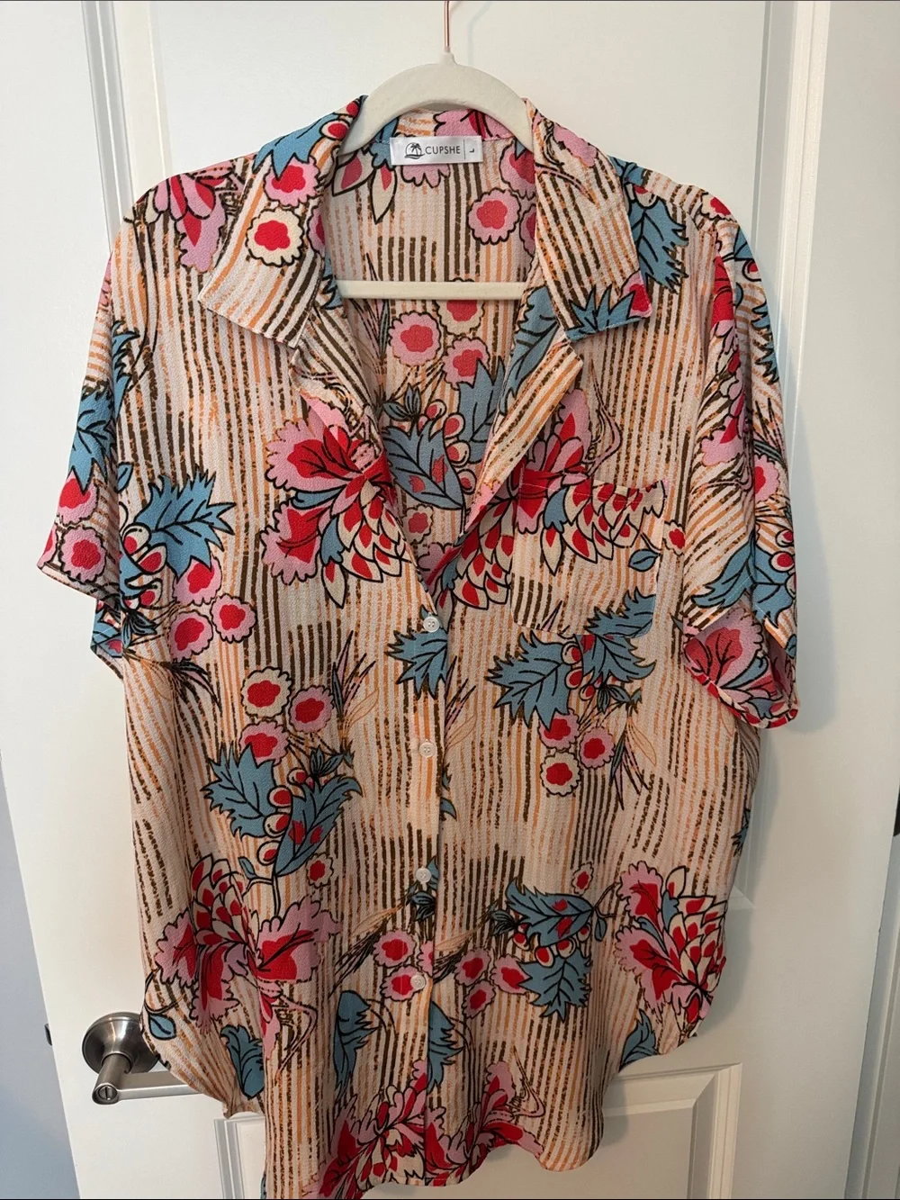 Cupshe Beige Button-Up Shirt with Pink & Blue Floral Print